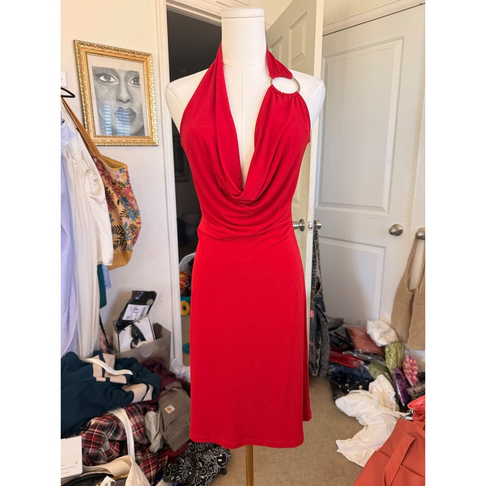 Rumor Red Halter Cowl Neck O-Ring Mini Dress Sleeveless Bodycon Size M